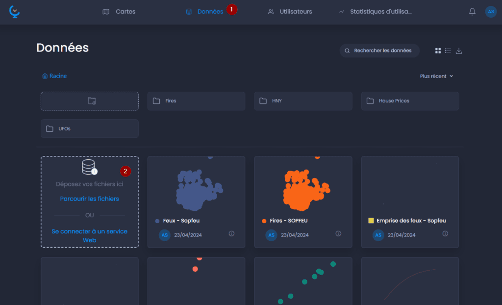 Capture d'écran montrant glisser deposer les donnees dans CartoVista lors de importation des données tabulaires avec adresse (fichiers excel ou csv)
