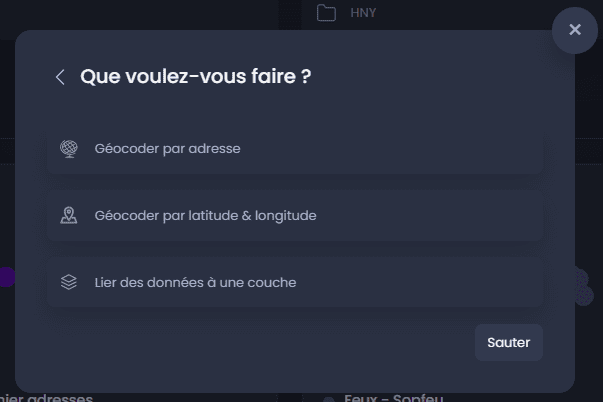 Capture d'écran montrant que voulez vous faire dans CartoVista lors de importation des données tabulaires avec adresse (fichiers excel ou csv)