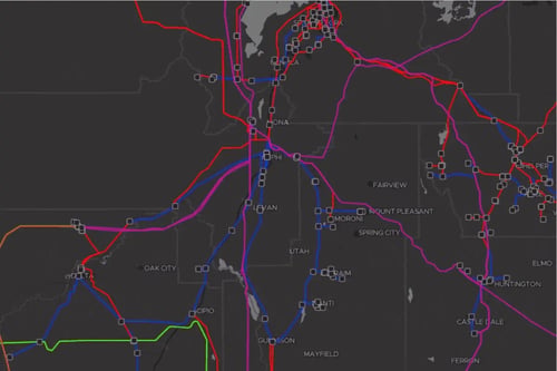 Transmission planning map with load growth heatmaps and contextual data layers