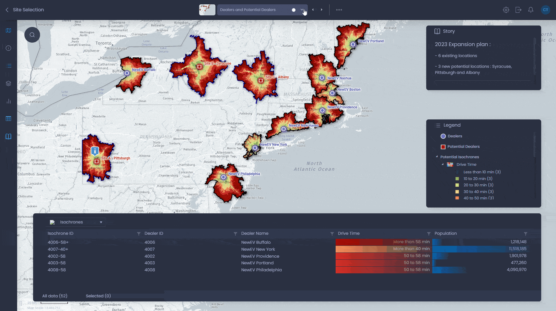 Site selection - interactive map demo in CartoVista