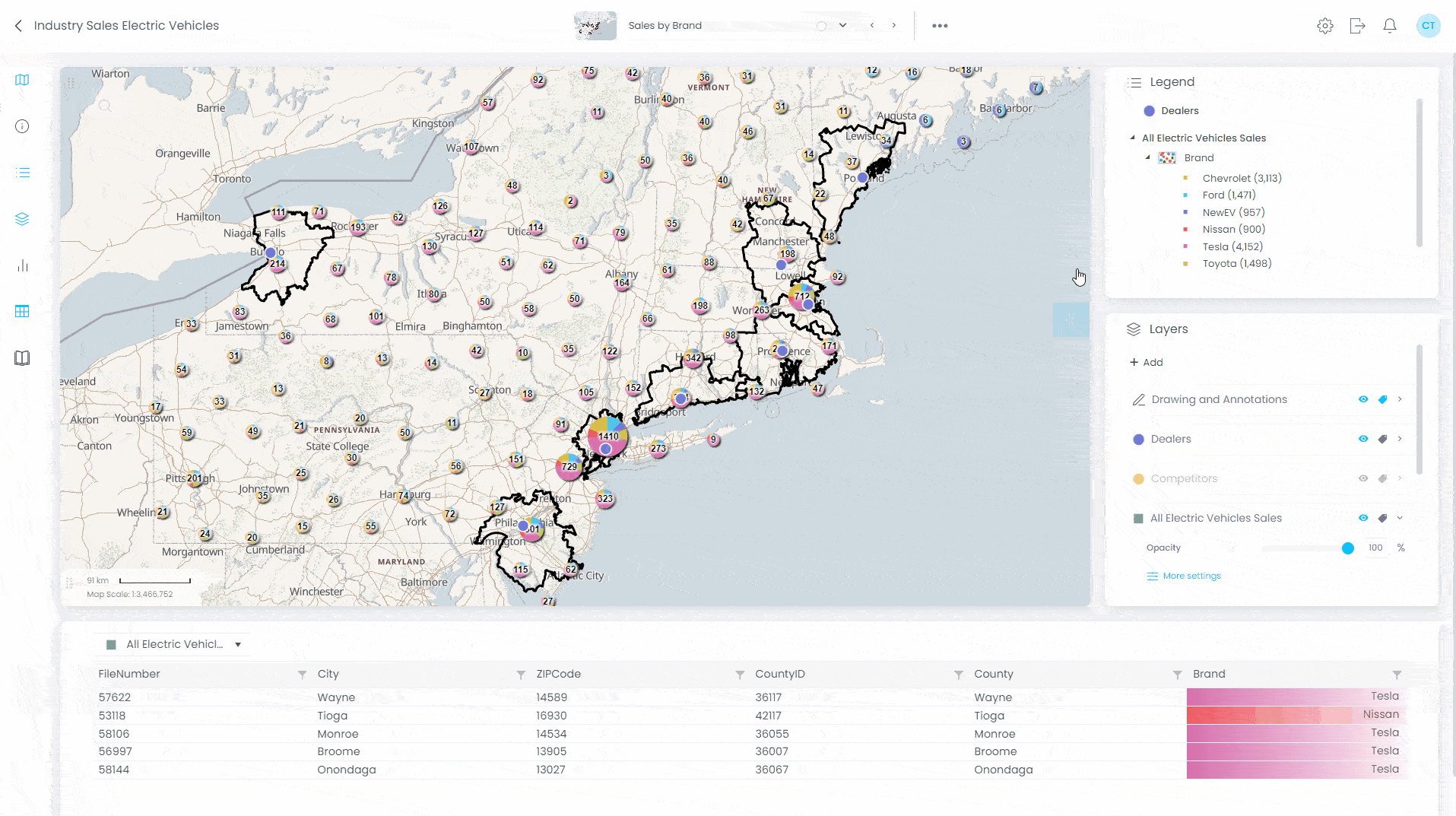Ventes / Analyse de marché - interactive map demo in CartoVista