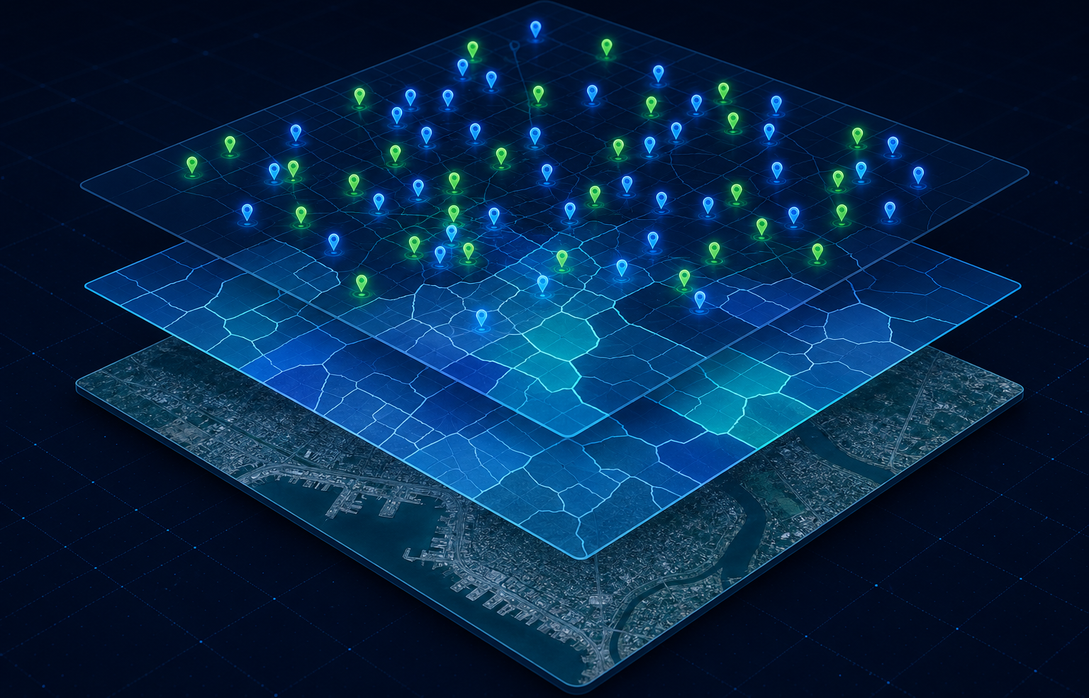 Layered geospatial data illustration with satellite imagery, vector polygons, and POI points