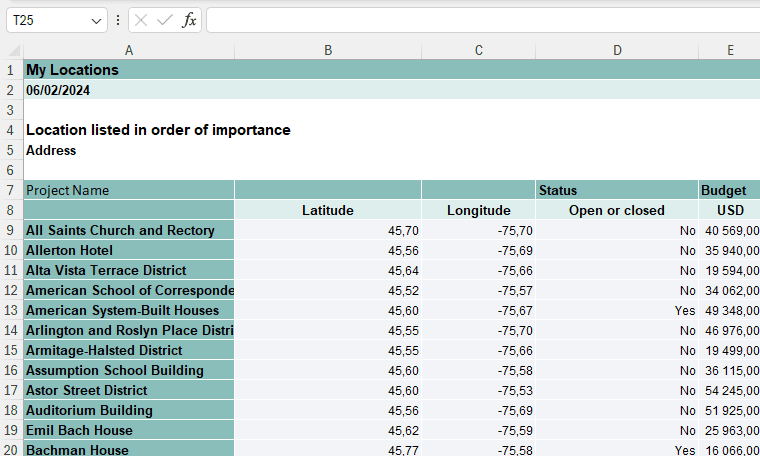 invalid excel lat long