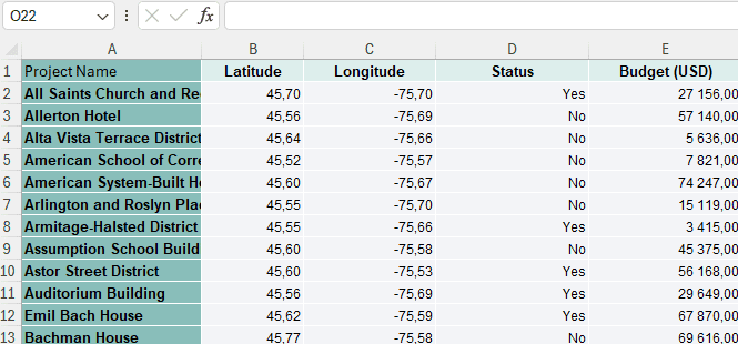 valid excel lat long
